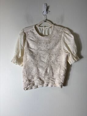 Allison NY Ivory Mixed Media Crocheted Short Puff Sleeve Top Sz M